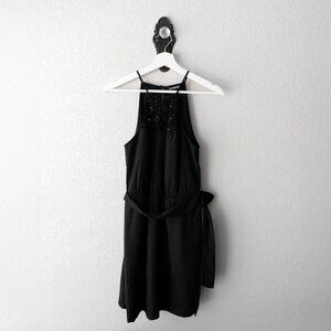 Express Dress Sz XS Black Halter Neck Belted Waist Keyhole Back Pockets Glam